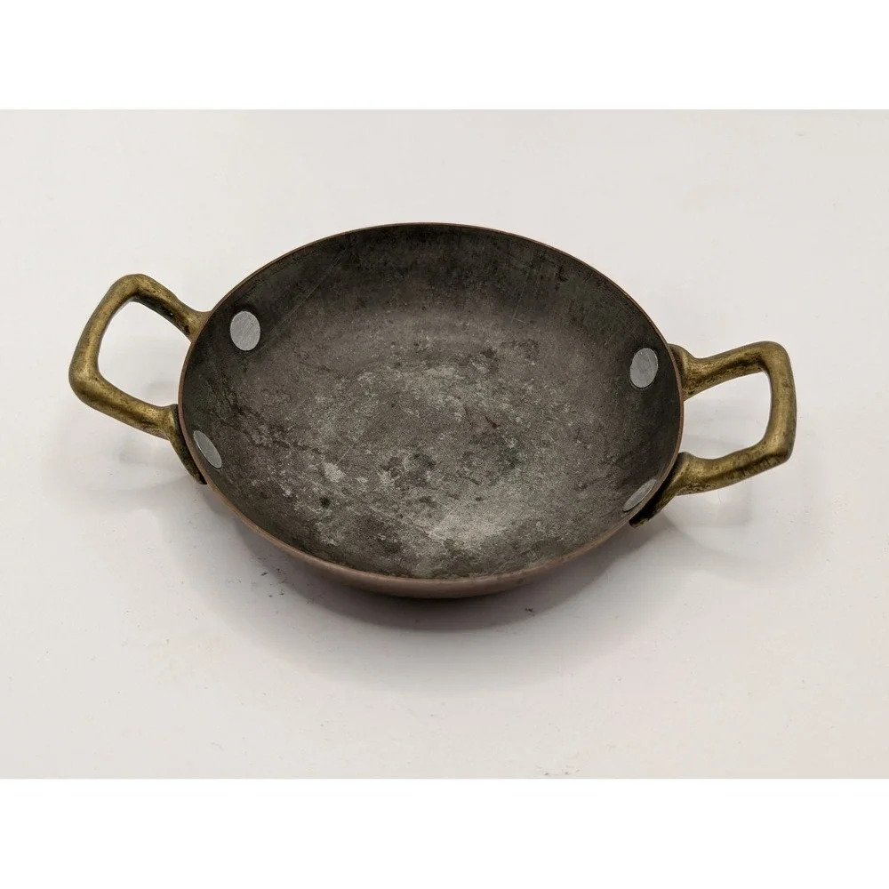 Vintage Miniature Copper Skillet Brass Handles Small Decorative Frying Pan 3.5in